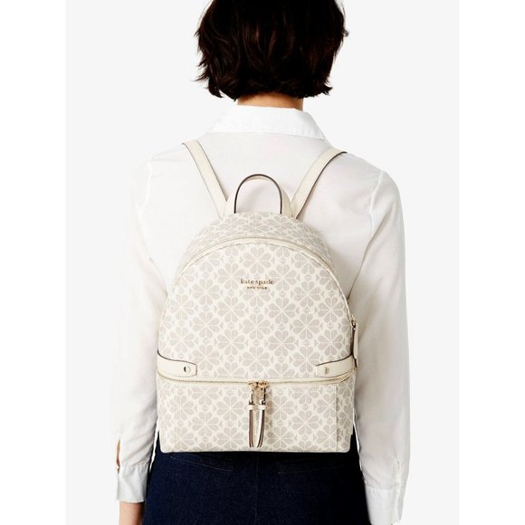 New Kate Spade Spade Flower Coated Canvas Medium Backpack Parchment Multi - Picture 3 of 5